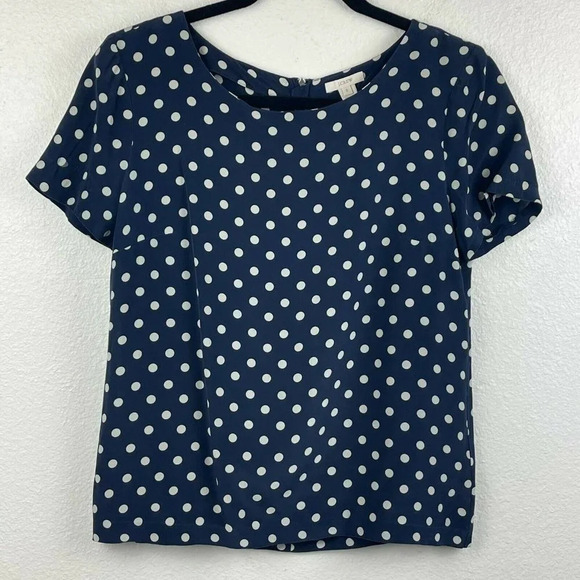 J.Crew Blouse Women's Sz 2 Short Sleeve Zip Polka Dot Blue White 100% Silk - Picture 1 of 8